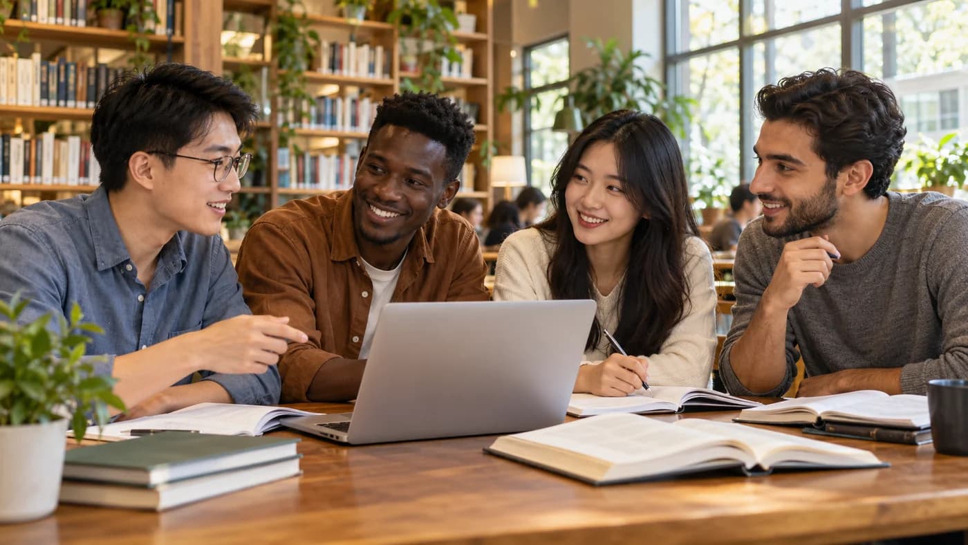 Vier Sprachlernende lernen gemeinsam in einer Bibliothek