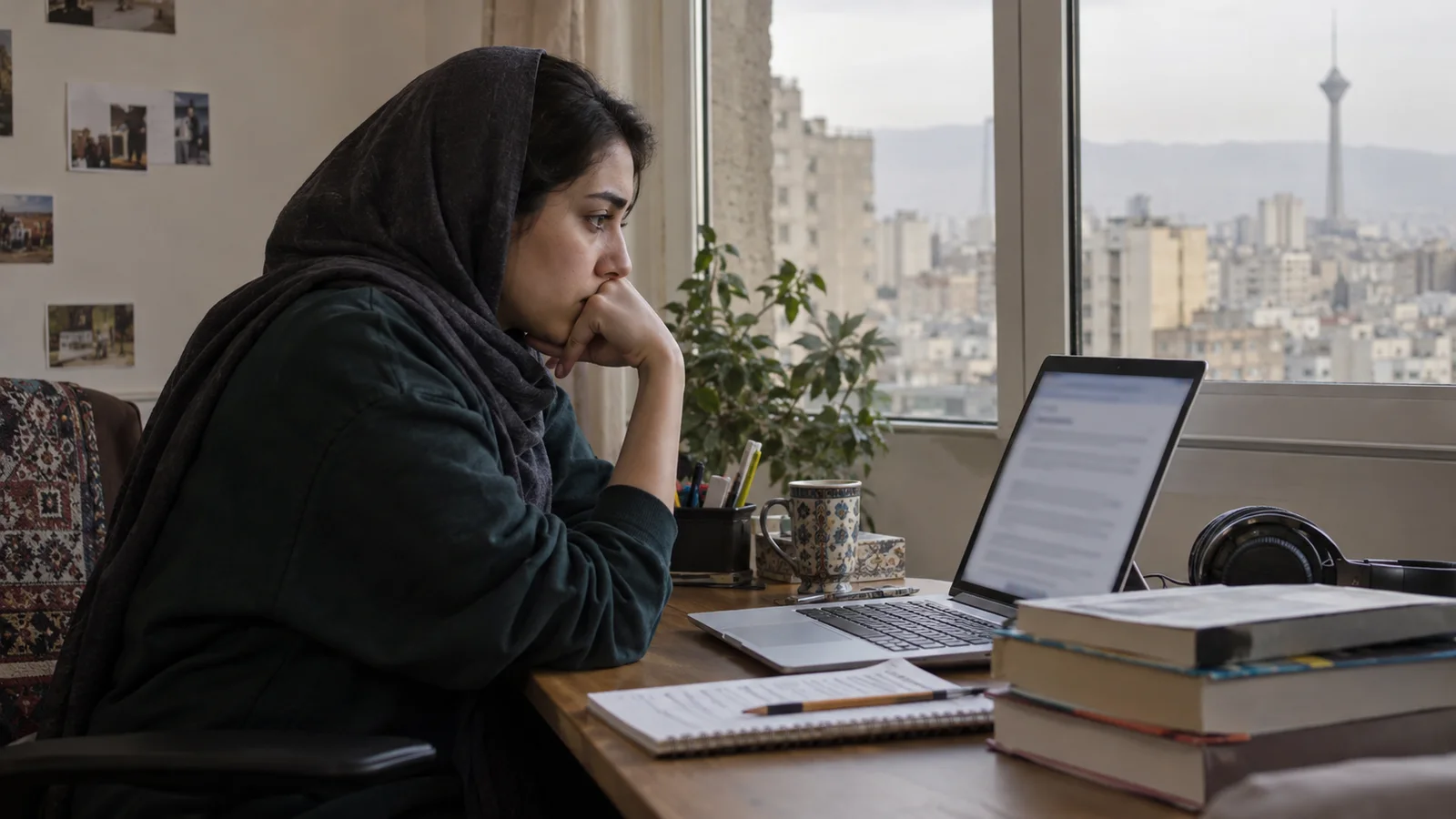 داوطلب ایرانی آزمون زبان در خانه‌ای در تهران در حال بررسی اطلاعیه آزمون روی لپ‌تاپ